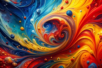 Vibrant abstract background featuring dynamic oil paint splashes in bold red, blue, and yellow hues, blending and swirling together in a mesmerizing artistic display.