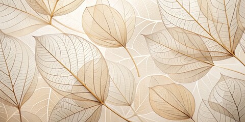 Delicate beige transparent leaves with intricate natural texture and veins create a stunning abstract floral background, perfect for minimalist natural designs and neutral wallpapers.