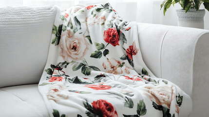 Close-up of beautiful floral mock-up blanket on white sofa. Generative AI illustration 