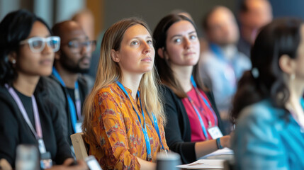 Diverse group of participants attending breakout sessions at a global conference.