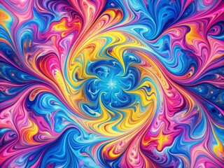 Fototapeta premium Vibrant swirls of pink, blue, and yellow liquids merge in a mesmerizing dance, creating a kaleidoscope of shapes and colors in a psychedelic background.