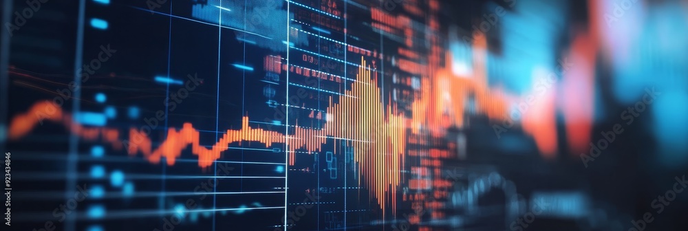 Poster a close-up view of a computer screen displaying stock market data. it shows a colorful graph with li