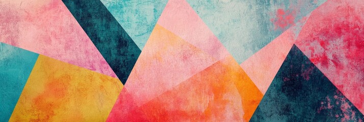A colorful abstract background featuring geometric shapes,  with shades of pink, blue, yellow, orange and teal, creating a sense of energy,  movement,  and  modern design.