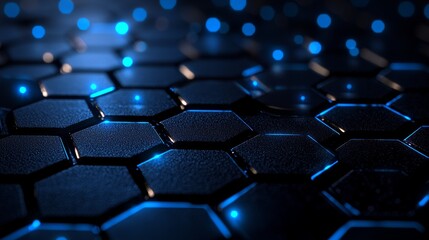Obraz premium Dark Hexagon Pattern Desk Mat with Blue Lights, Top View, Perfect for Tech and Gaming Setup Generative AI