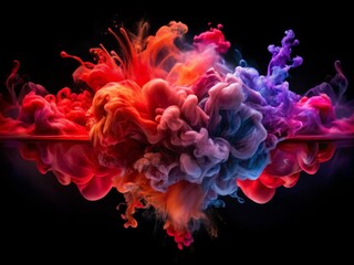 Obraz premium Vibrant banner featuring an abstract explosion of swirling red and purple ink, suspended in water on a dark mysterious black background.