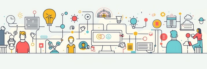 Obraz premium A colorful illustration symbolizing collaboration, teamwork, ideas, innovation, and connection in a digital landscape.