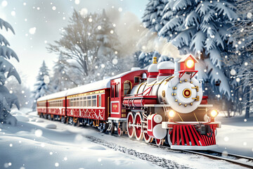 Festive Christmas train traveling through snowy winter landscape
