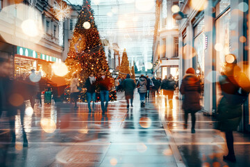 Busy blurred city street with Christmas trees and festive lights