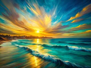 Obraz premium Vibrant dark yellow and light aquamarine hues burst forth in a colorful, motion-blurred panorama with bold brushstrokes, textured elements, and sun-kissed undertones.