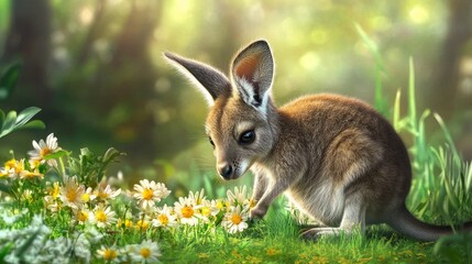 Fototapeta premium A cute baby kangaroo is sitting in a meadow of daisies, symbolizing innocence, new life, nature's beauty, and the joy of discovery.