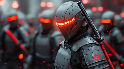 Cyberpunk samurai clash, cyberpunk armor, glowing katanas, intense street battle, dark setting