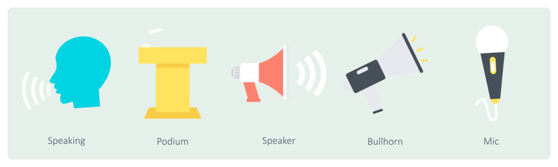 A set of 5 Communication icons as speaking, podium, speaker