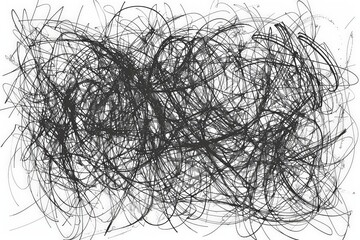 A dense composition of black scribbles overlaps to form a highly intricate pattern, representing intense complexity and chaotic elements on a white backdrop.