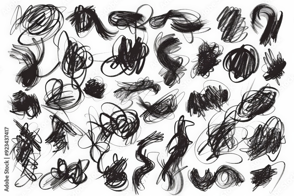 Poster A collection of abstract black scribbles and doodles on a white background, showcasing various irregular shapes and chaotic lines in a dynamic composition.
