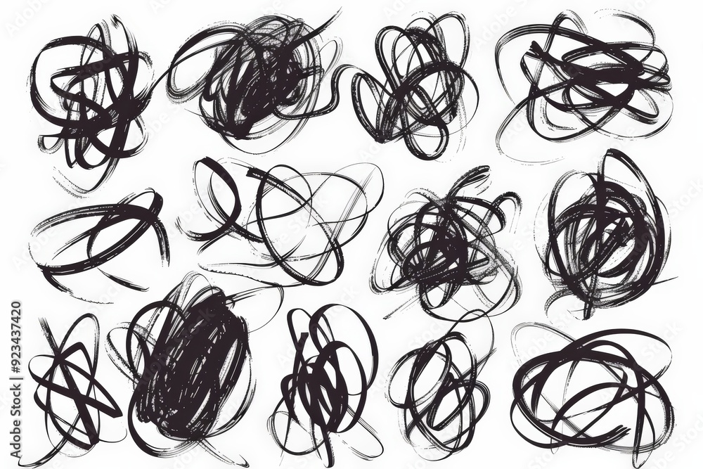 Poster This image features a series of abstract black scribbles formed in circular and looped patterns, with an intricate blend of overlapping lines and shapes against a white background.