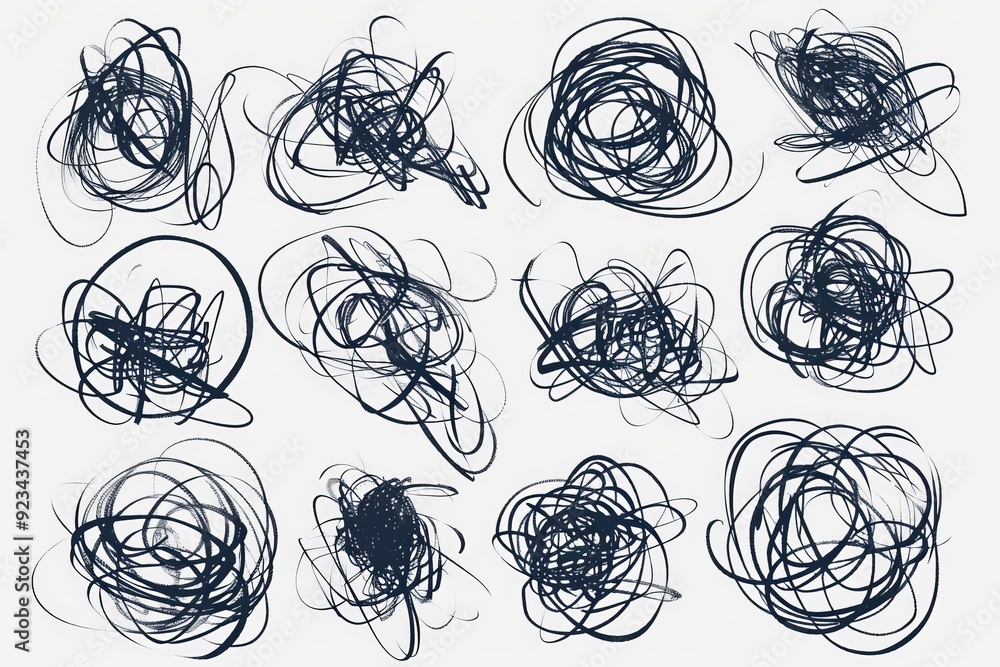 Poster An arrangement of abstract blue doodles featuring intricate overlapping looped shapes, displaying a chaotic yet harmonious interplay of swirling lines and curves on a white backdrop.