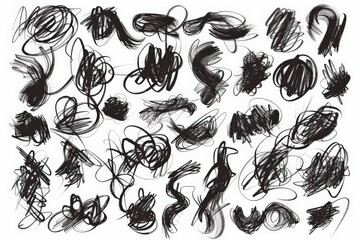 Obraz premium A collection of abstract black scribbles and doodles on a white background, showcasing various irregular shapes and chaotic lines in a dynamic composition.