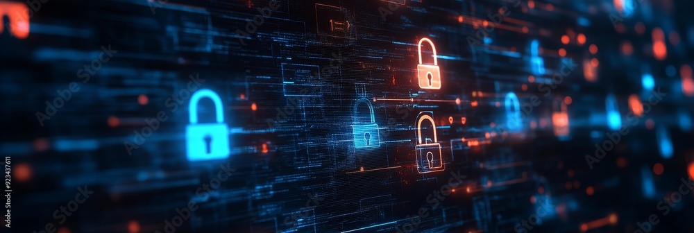 Aufkleber a digital abstract background with glowing blue and red padlock icons symbolizing data security, dig