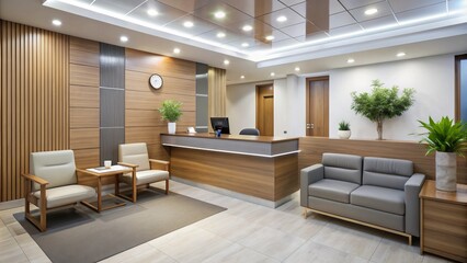 A calm and organized reception area with a modern check-in desk, computer, and comfortable seating, awaiting arrival of patients for their scheduled appointments.