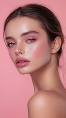 Fototapeta premium Beautiful model woman with amazing skin, isolated on pink background.