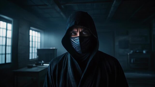 Mysterious ninja shrouded in shadows in an ancient dojo at twilight prepares for a secret mission