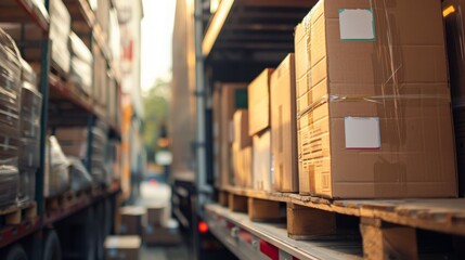 Several cardboard boxes are organized on pallets within a spacious warehouse, emphasizing logistics, storage, and supply chain activities during the daytime.