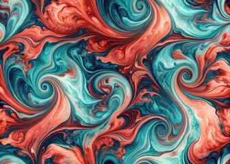 Vibrant coral red and deep teal hues erupt in a mesmerizing, swirling pattern, reminiscent of a tropical reef, within a stunning marble ink design.