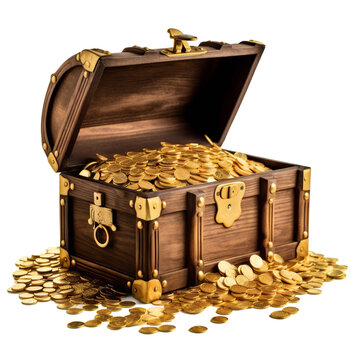 Opened treasure chest filled with gold coins transparent background