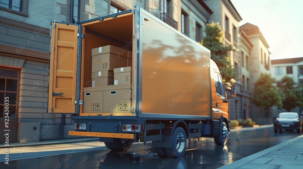 Poster a side view image features a delivery truck with its back open, revealing numerous cardboard boxes w