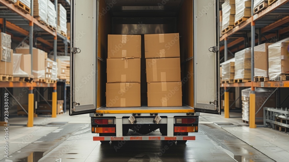 Poster a delivery truck packed with boxes is stationary within a warehouse depot setting, signifying the lo