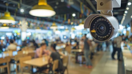 A high-definition dome security camera monitoring a busy food court, with people sitting at tables and engaging in various activities in a bustling environment.
