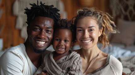Fototapeta premium Happy smiling diverse family, multicultural multiracial adult couple, white woman and African man with little child. Concept of mixed marriage and family. Generative ai.