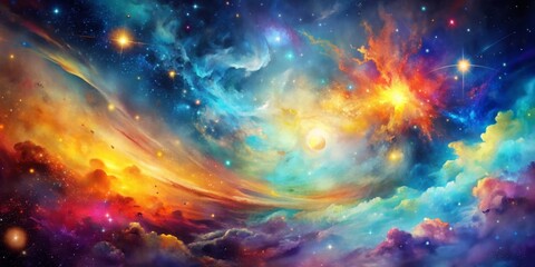 Vibrant watercolor background features a cosmic galaxy with streaks of colorful paint splatters, swirling clouds, and shimmering stars in a mesmerizing abstract pattern.