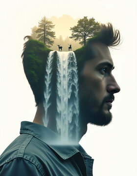 illustrational waterfalls, wildlife inside the silhouette of a man's head that is a double exposure photograph, generative AI