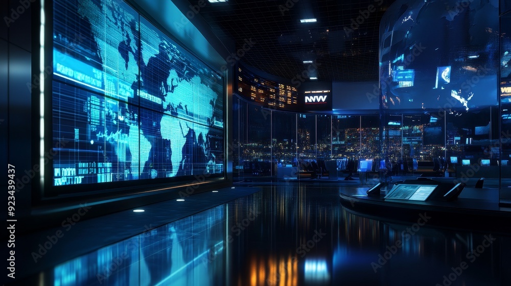 Aufkleber a futuristic control room with a large digital map of the world, showcasing global connectivity and 