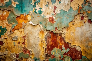 Distressed, peeling paint and rough, crumbling concrete create a dynamic, high-contrast, abstract background with rich textures and earthy tones.