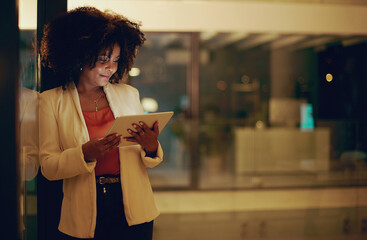 African woman, tablet and work for research, email and management report in office with kpi....