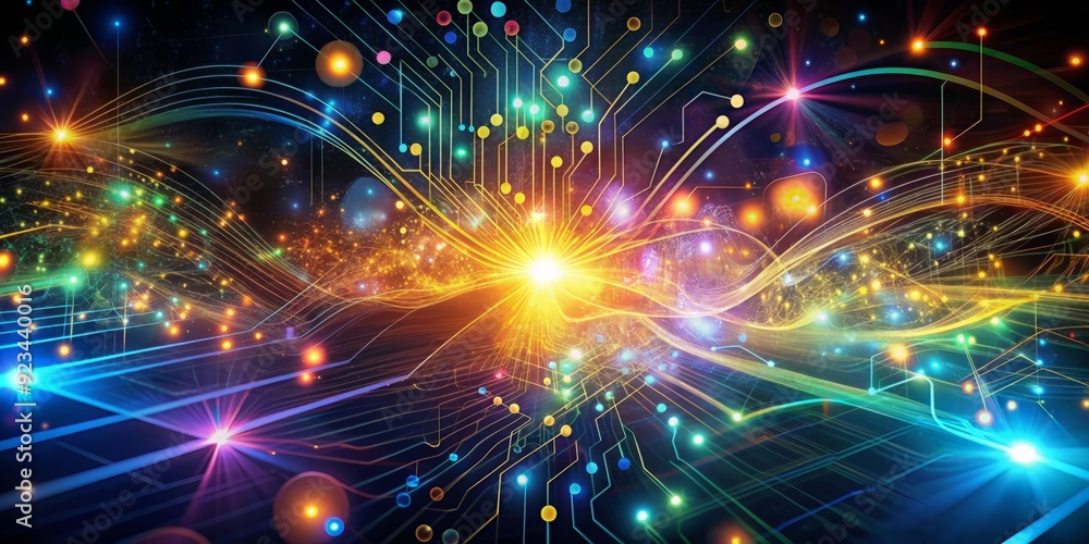 Poster vibrant abstract background featuring glowing circuits, swirling particles, and intricate networks, 