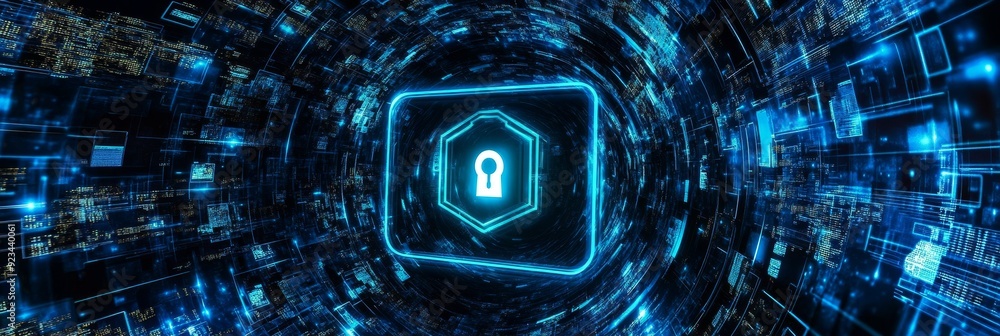 Poster a glowing blue padlock symbol in the center of a digital tunnel, representing cybersecurity, data en