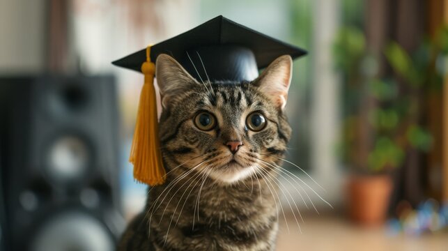 A tabby cat wears a graduation cap, symbolizing intelligence and achievement. The cat is indoors with a blurred background, creating a focus on the cat's expression.