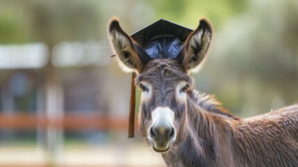 Fototapeta premium A charming image of a donkey with a graduation hat, set in natural scenery, representing the blend of academic achievement, education, and rural life.