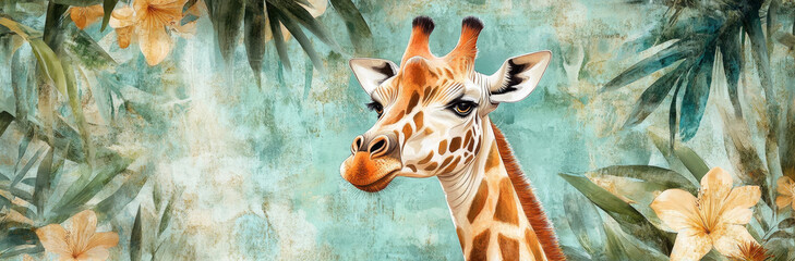 Obraz premium A graceful giraffe with a curious expression peeks through lush tropical foliage, symbolizing adventure, nature, beauty, wildlife, and serenity.