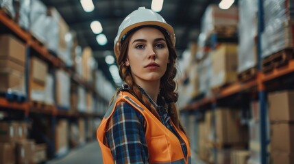 A confident young woman stands in a warehouse aisle wearing a white hard hat and orange safety vest, demonstrating professionalism and efficiency in a well-organized workplace.