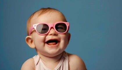 Baby wearing pink sunglasses and smiling against a blue background