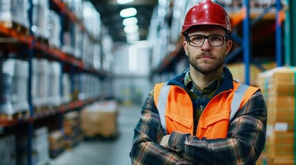 A focused male worker wearing a red hard hat and orange safety vest stands confidently with crossed arms in a busy warehouse, indicating preparedness and responsibility.