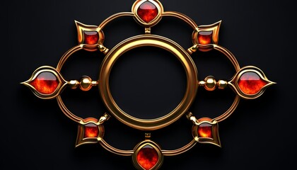 Golden Frame with Red Gemstones on Black Background