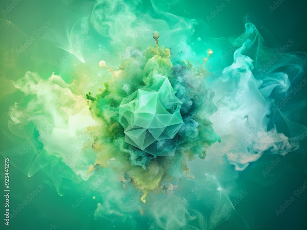 Poster soft pastel green smoke abstract solid background with abstract geometric form and liquid splatter t