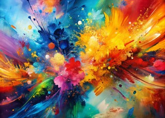 Vibrant abstract artwork featuring expressive brush strokes, dynamic splashes, and layered textures on a canvas, creating a mesmerizing artistic background for creative designs.