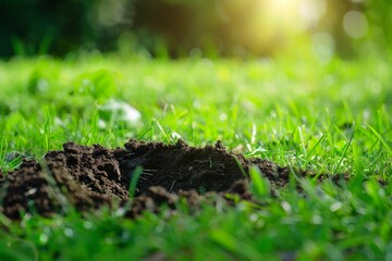 A vole is digging a new hill in the green lawn.