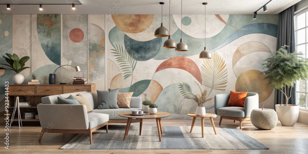 Poster modern art-inspired mural wallpaper features abstract shapes and textures in a muted color palette, 